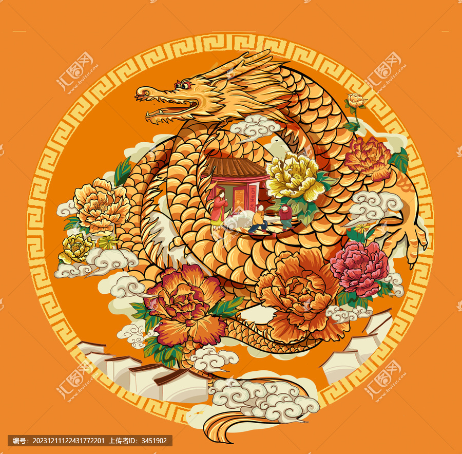 國潮插畫金龍牡丹花