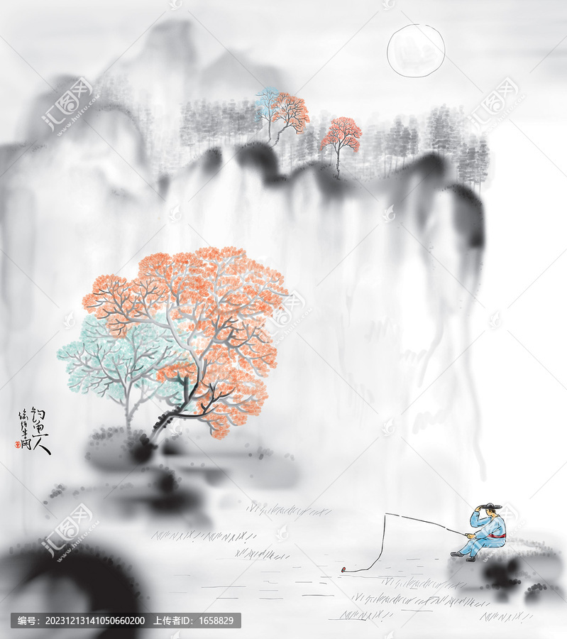 手繪水墨插畫江邊釣魚人