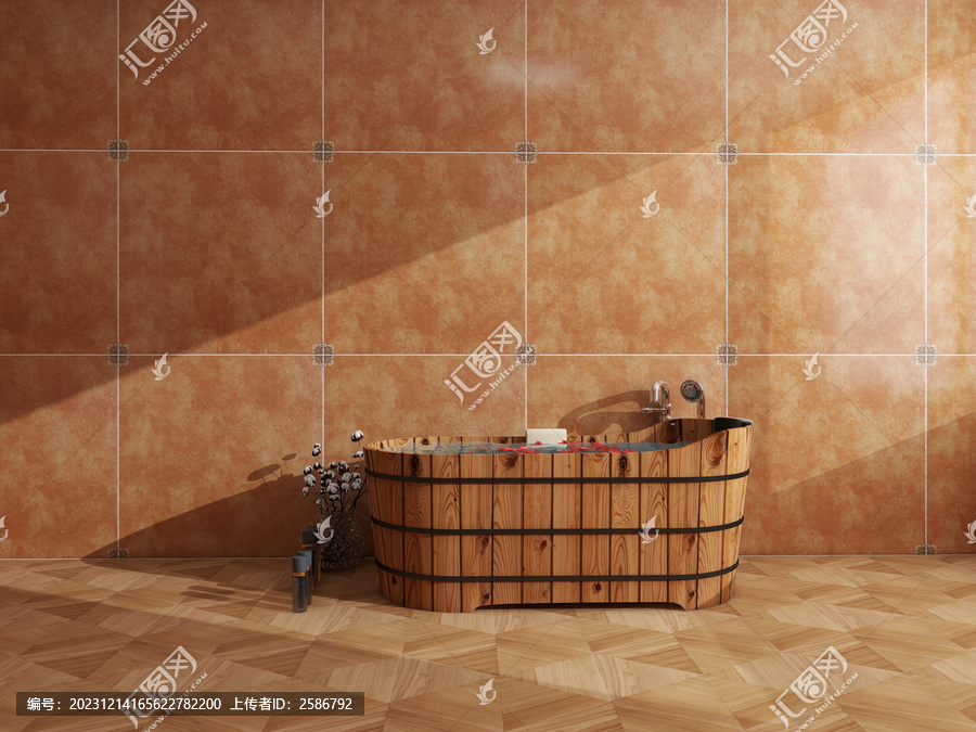 中式复古木制浴缸效果图