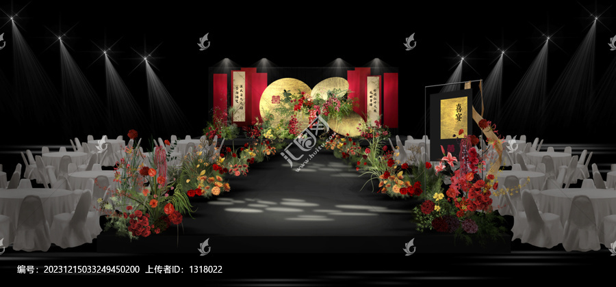 紅金色新中式婚禮舞臺(tái)效果圖