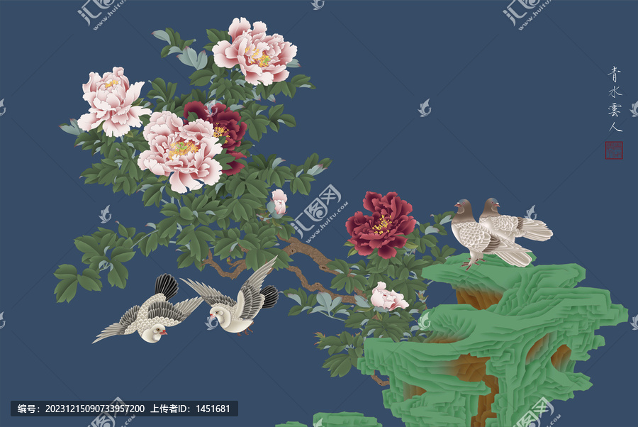 牡丹鴿子工筆花鳥(niǎo)畫(huà)