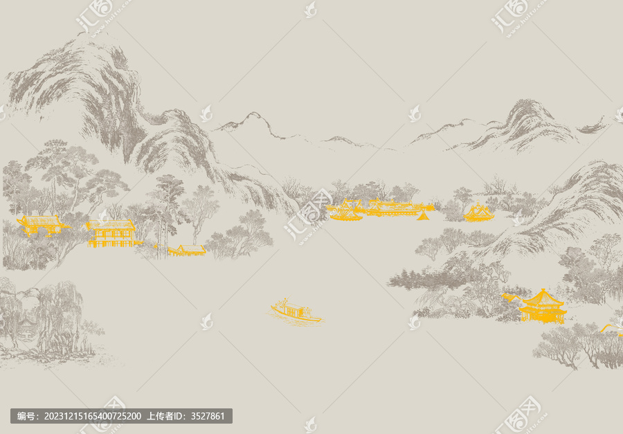 中式線描山水背景