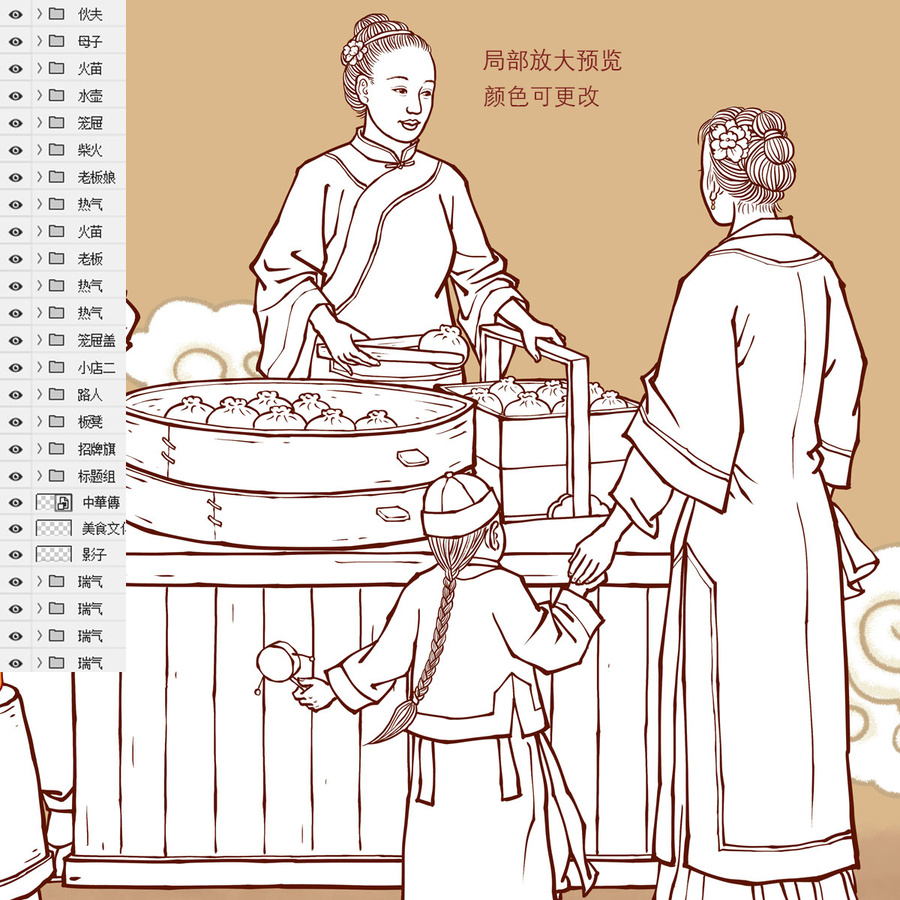 傳統(tǒng)包子鋪線描插畫