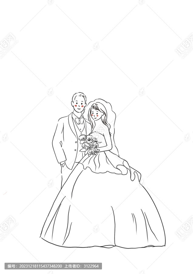 婚禮結(jié)婚夫婦線描手繪線條畫