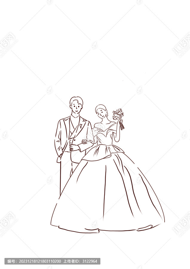 婚禮結(jié)婚夫婦黑白線描手繪線條畫
