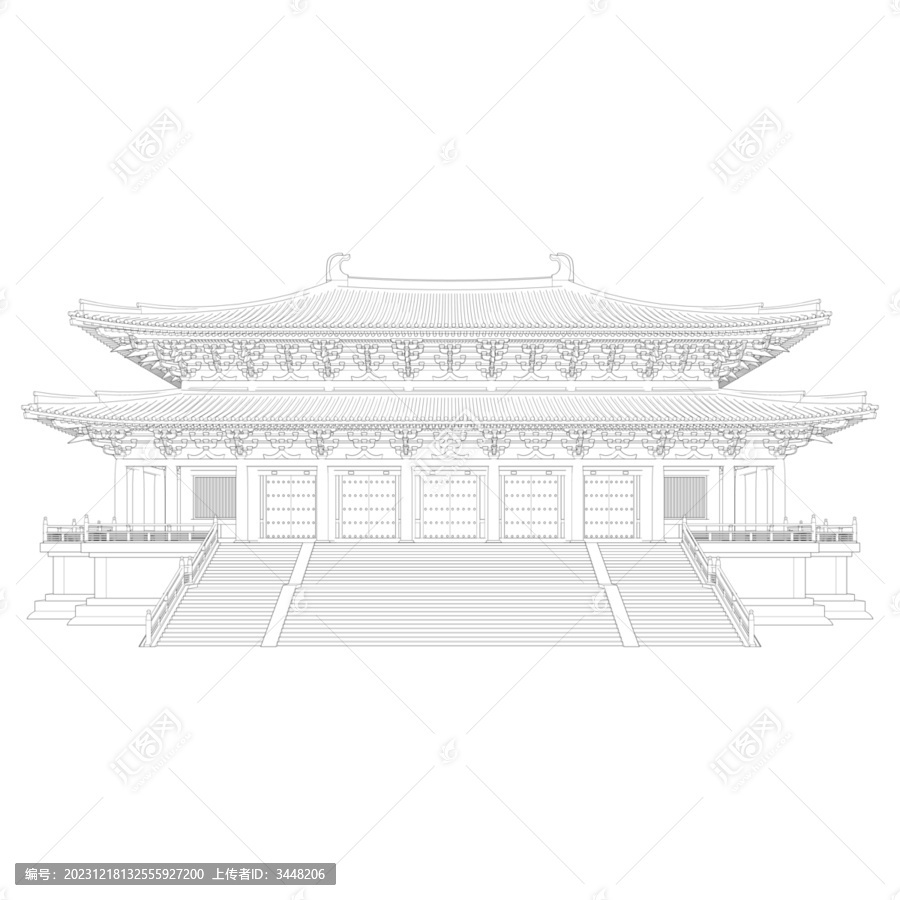 唐風(fēng)重檐廡殿立面線稿