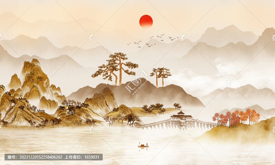金色國潮山水電視背景墻