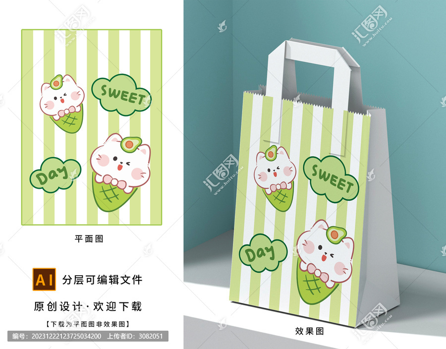 卡通可愛牛油果冰淇淋貓