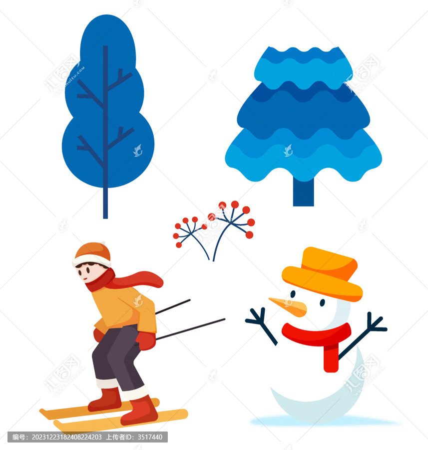 滑雪雪人松树冬季元素