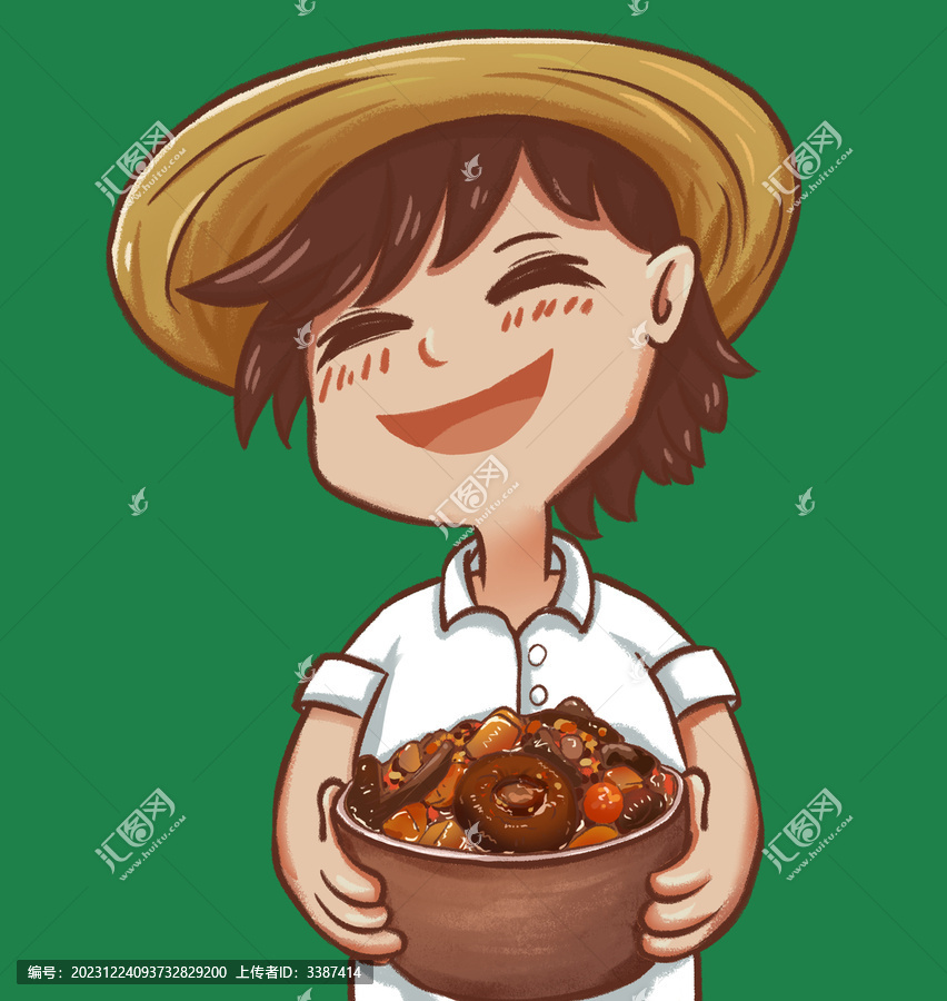 男孩抱著蘑菇香菇醬手繪插畫