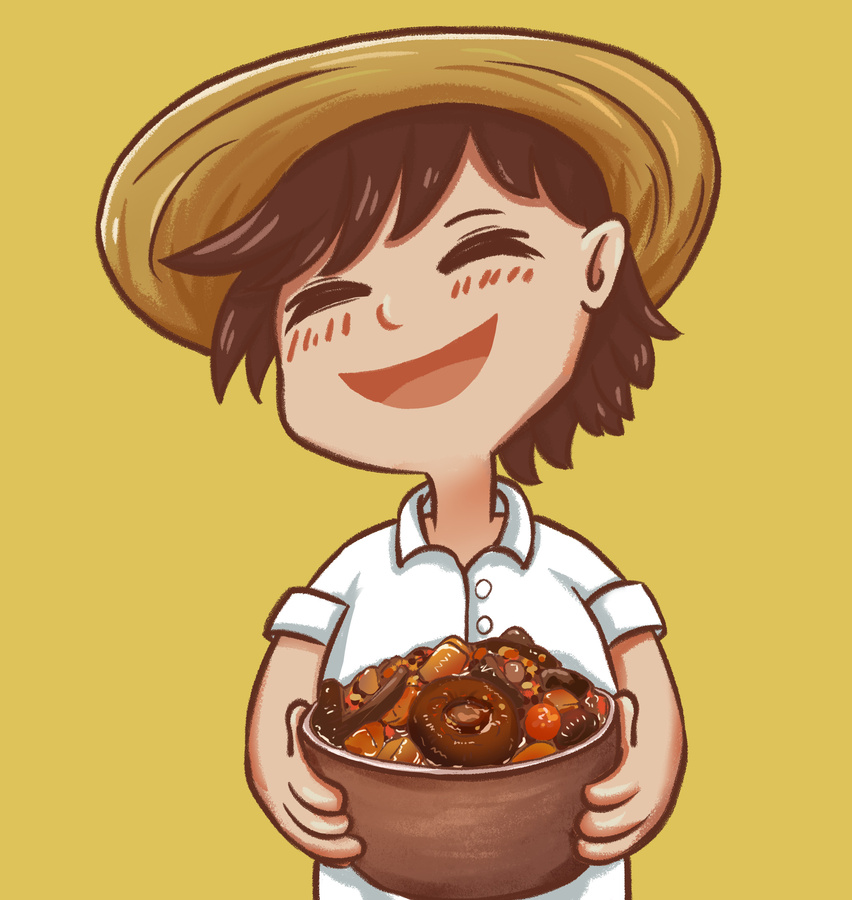男孩抱著蘑菇香菇醬手繪插畫