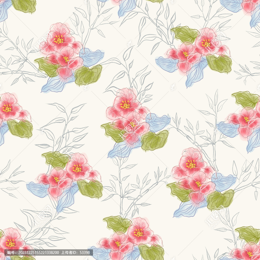 水墨國(guó)風(fēng)花卉碎花插畫(huà)印花圖案