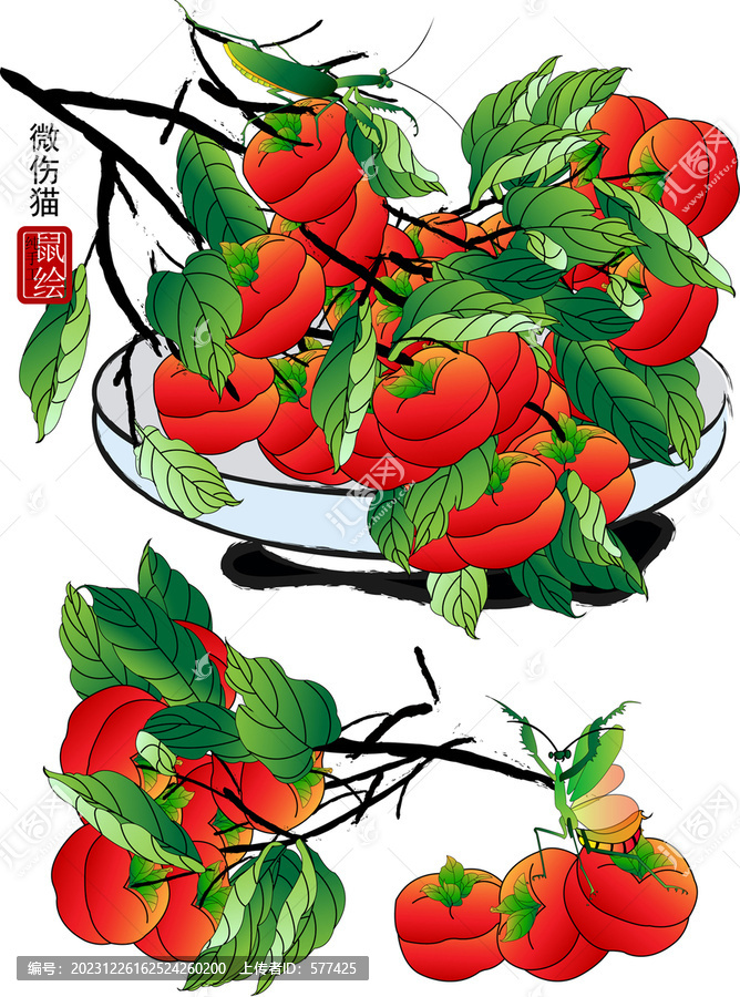 國(guó)畫(huà)事事如意矢量圖