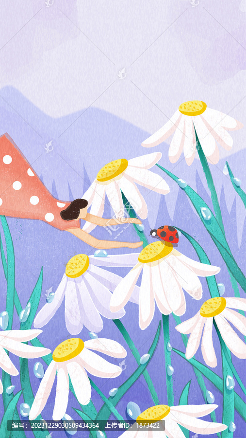女孩儿与瓢虫探索展满露珠的小白花手机壁纸