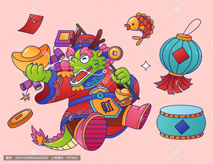 可愛(ài)卡通線條新春財(cái)神龍插畫(huà)素材組合