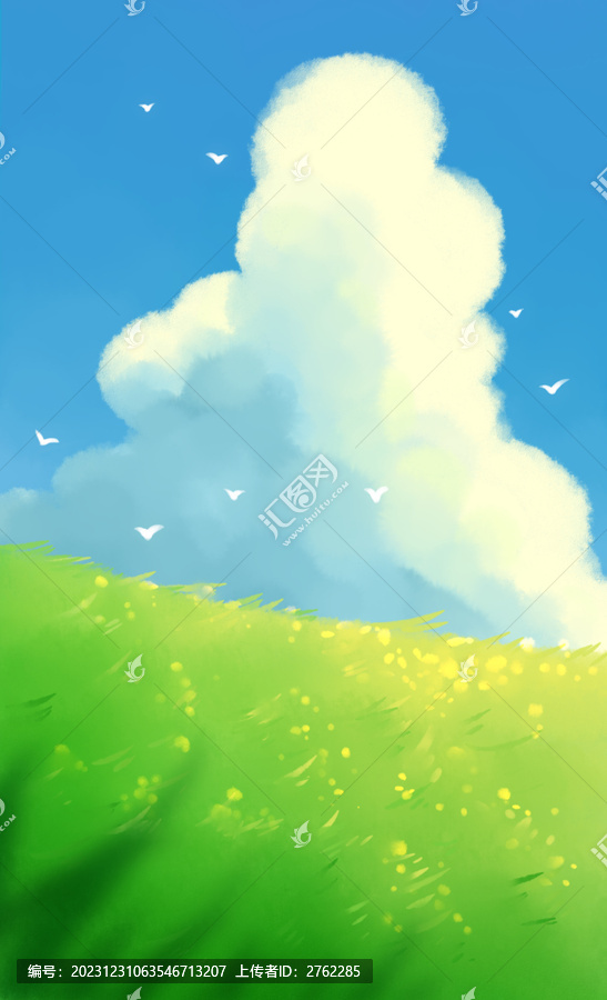 白云飛鳥草坪風(fēng)景插畫