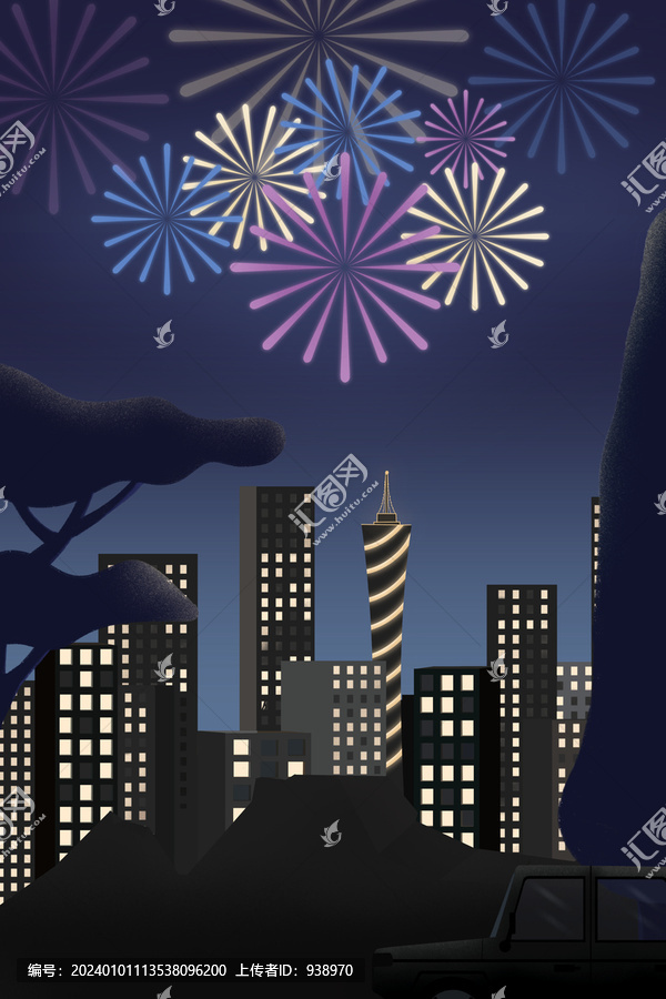 城市夜景山頂煙花
