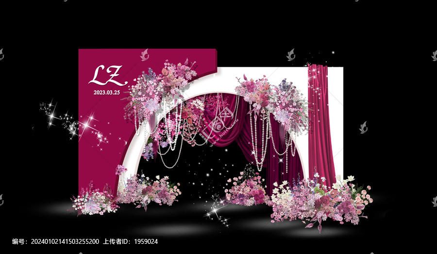 玫紅復(fù)古布幔迎賓區(qū)婚禮效果圖