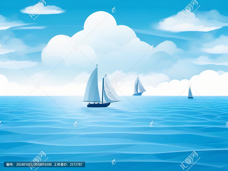 藍(lán)天白云大海帆船插畫