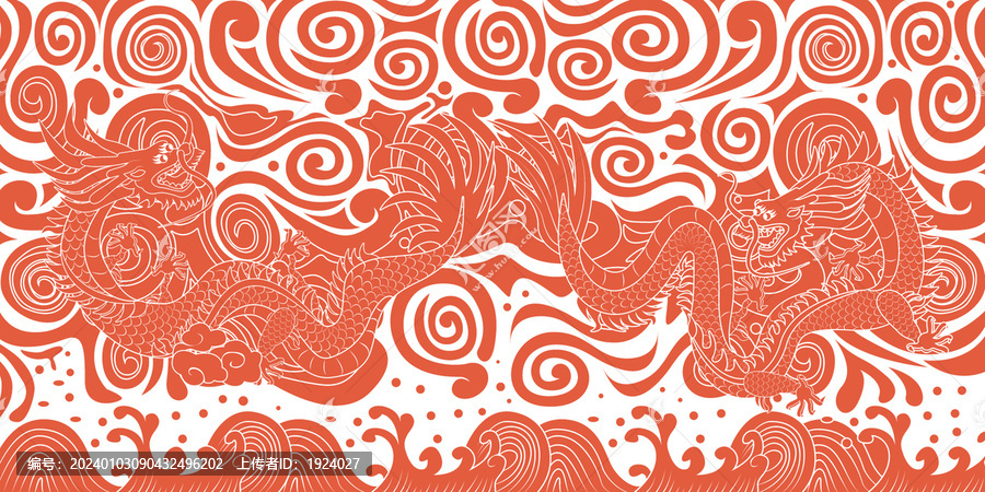 中國龍古風(fēng)浮雕二龍戲水矢量插畫
