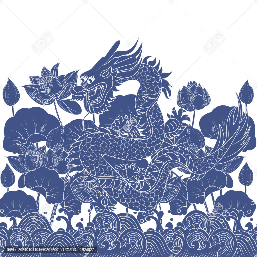 中國龍和荷花矢量插畫