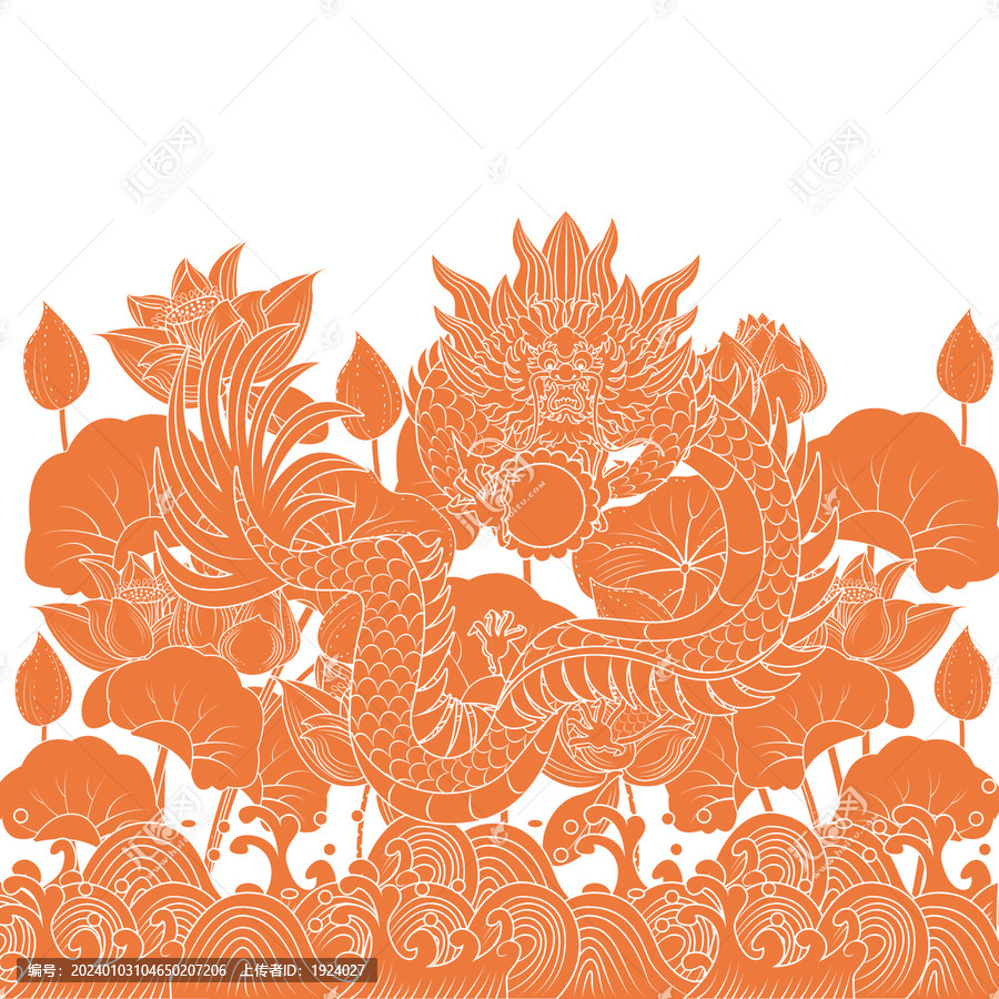 吉祥圖案中國(guó)龍和荷花矢量插畫