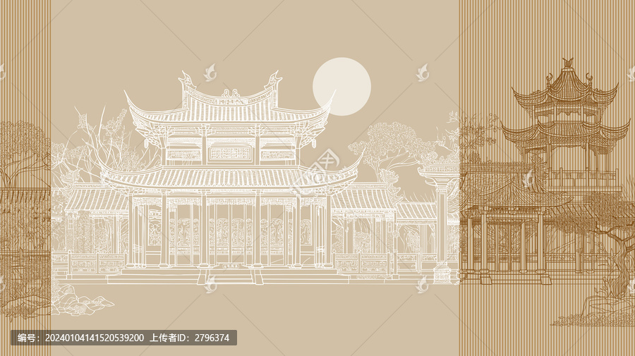 矢量線描古代建筑樓閣背景墻