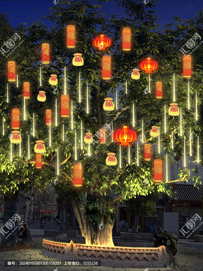 节日彩灯夜景树木挂灯亮化春节