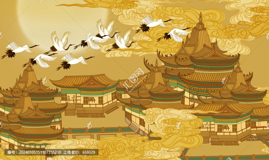 高端新中式樓閣背景墻