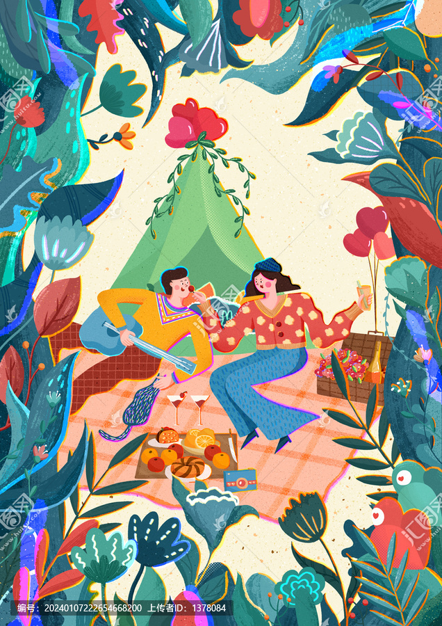 情人節(jié)春游露營插畫海報