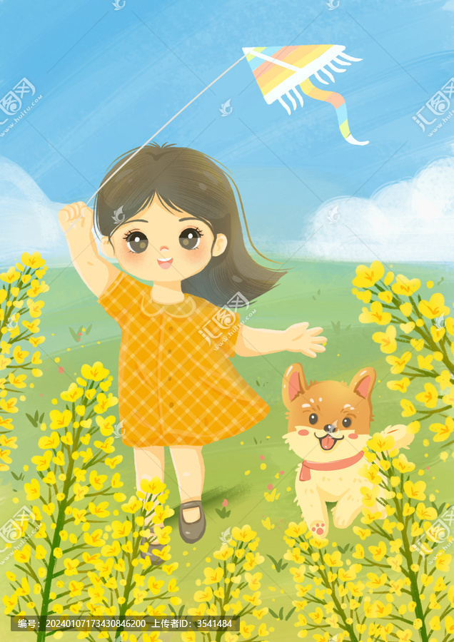 春季油菜花放風(fēng)箏治愈系插畫