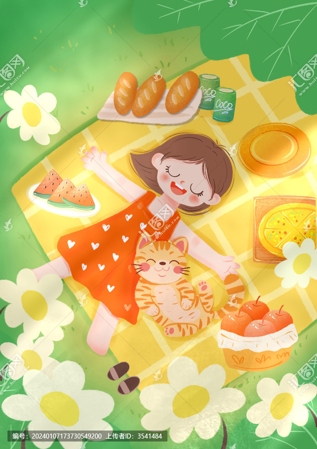 春天露營(yíng)戶外人與動(dòng)物治愈系插畫