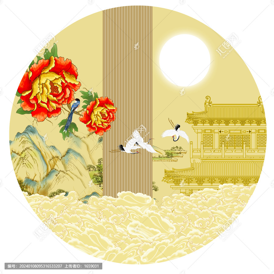 牡丹花樓閣刺繡