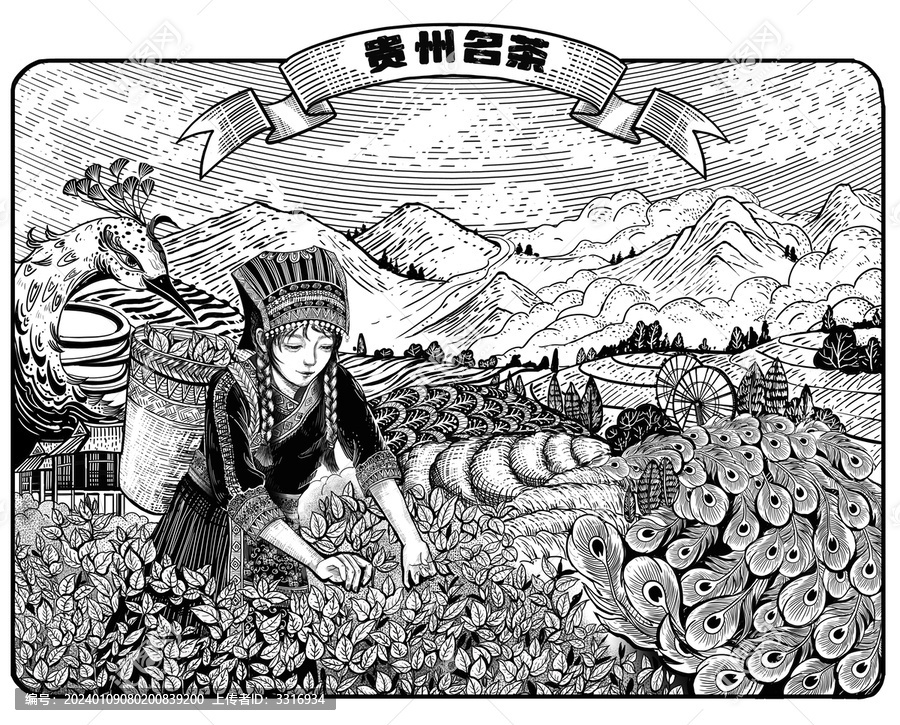 茶包裝版畫風插畫