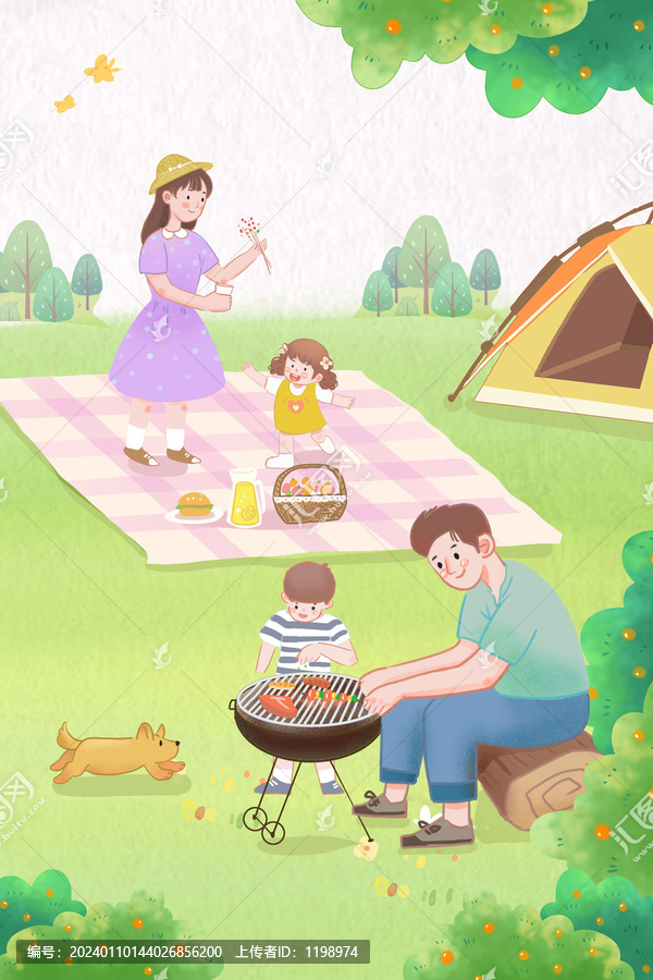 春季主題春游露營手繪插畫