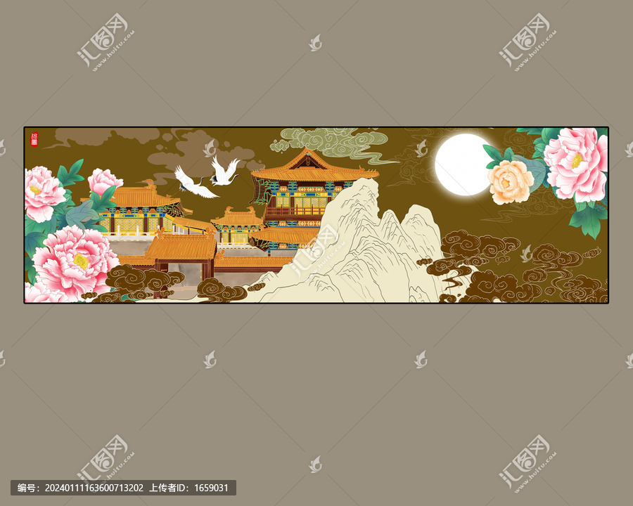 中式樓閣花鳥裝飾畫