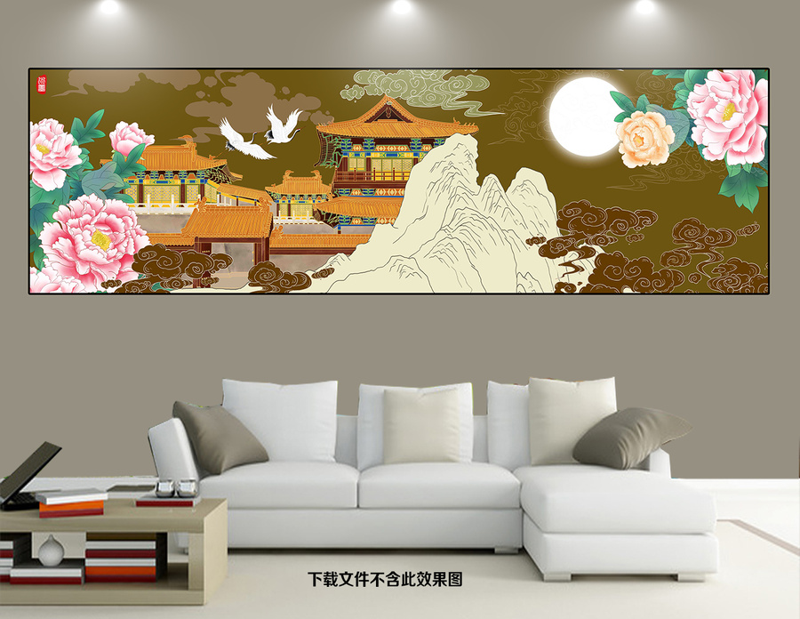 中式樓閣花鳥裝飾畫