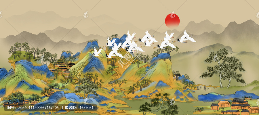 高端國潮青綠山水背景