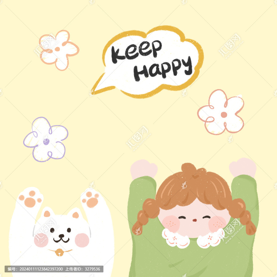卡通女孩手繪貓咪插畫圖案