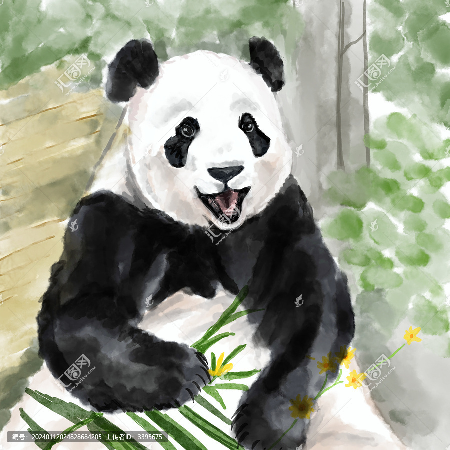 吃竹子可愛卡通大熊貓場景插畫