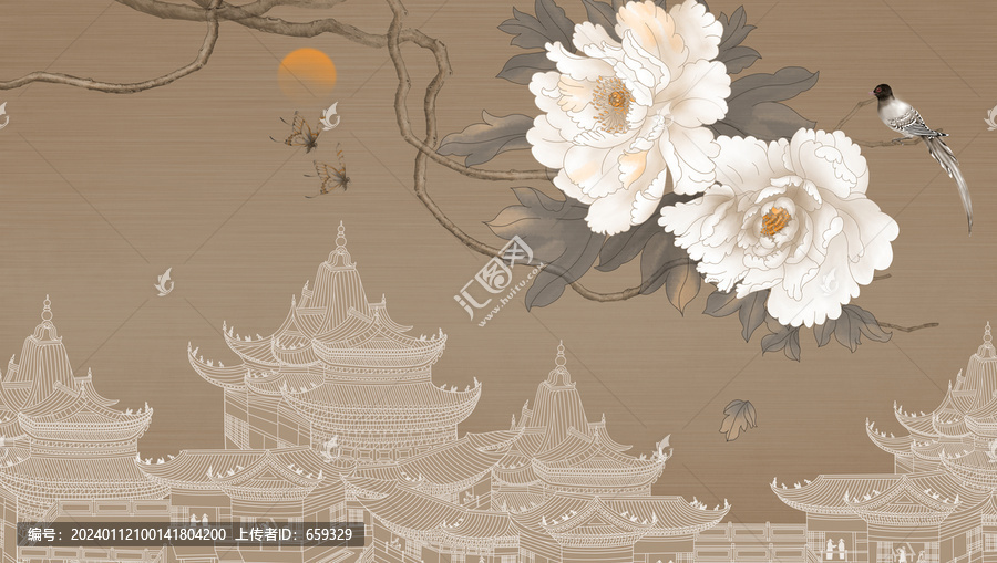 新中式牡丹花鸟背景墙