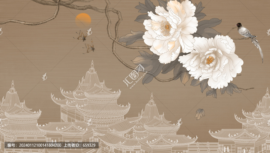 新中式牡丹花鳥背景墻