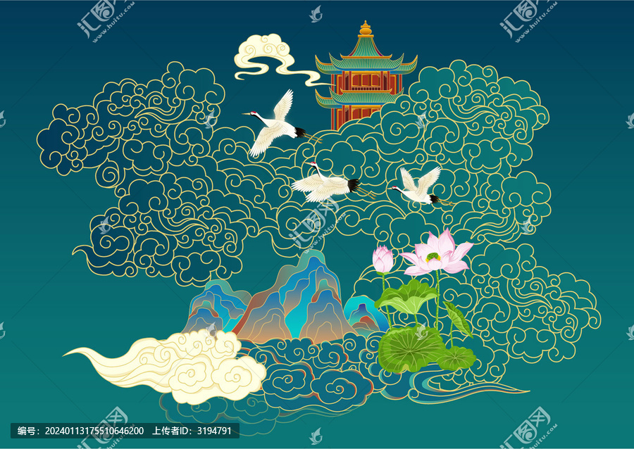 國潮云紋山水創(chuàng)意插畫