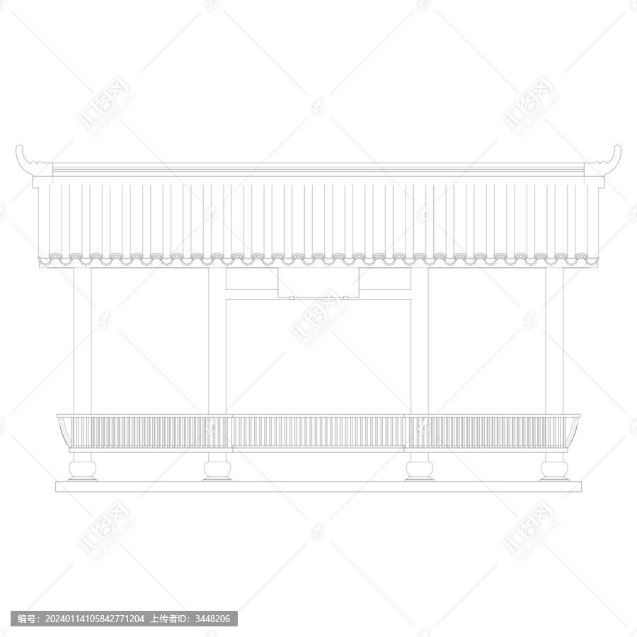 中式特色凉亭正立面线稿