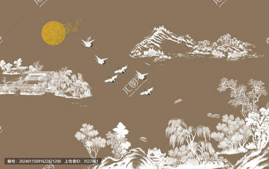 新中式手繪線描山水背景墻