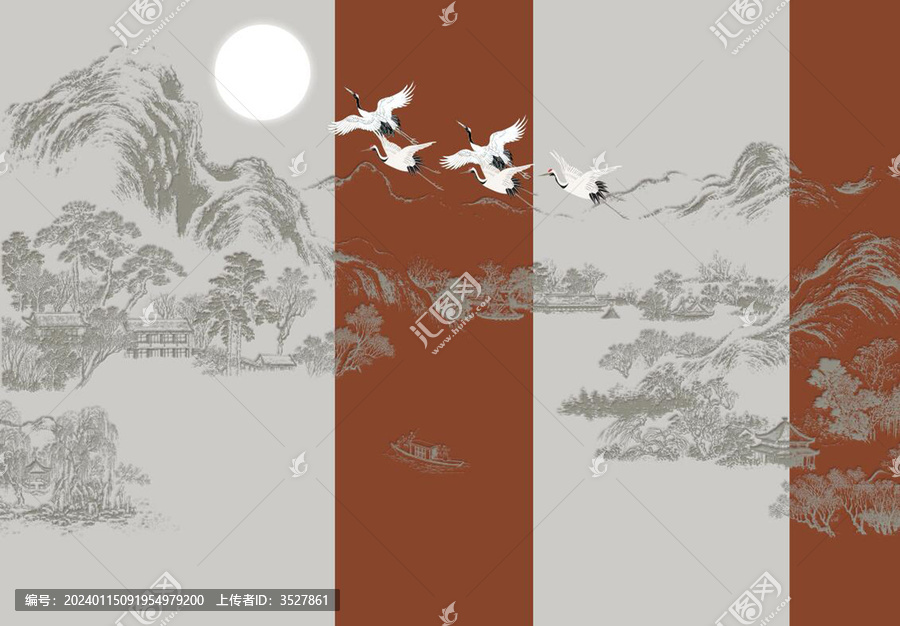 新中式手繪山水仙鶴背景墻