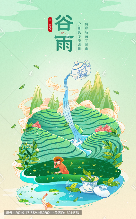 中国风二十四节气谷雨插画海报