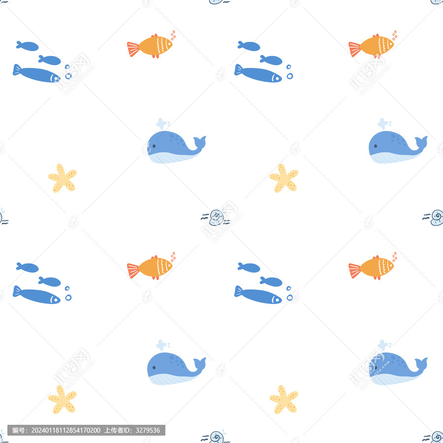 海洋鯨魚海底世界印花四方連續(xù)