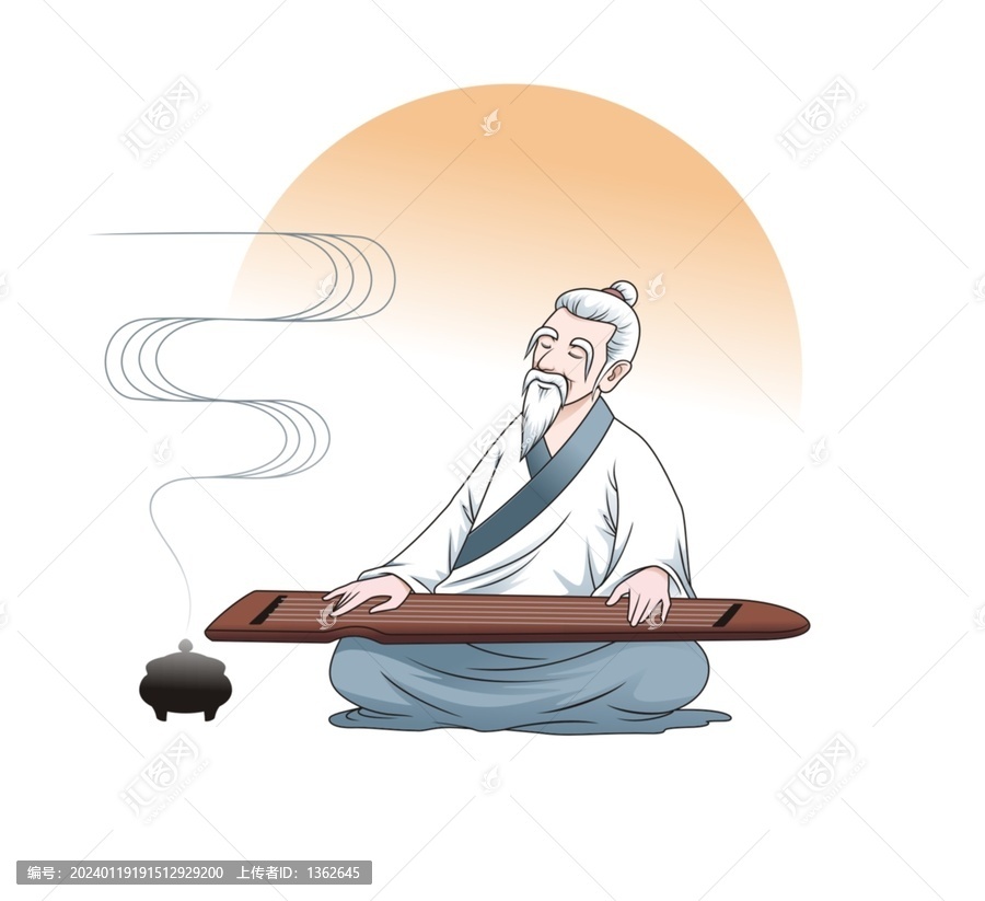 卡通彈琴老者形象矢量圖