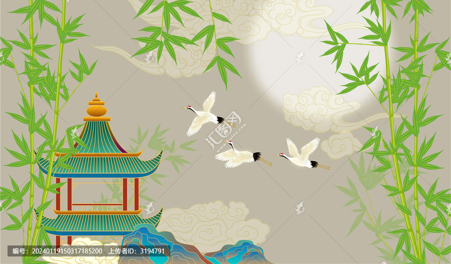山水樓閣仙鶴插畫